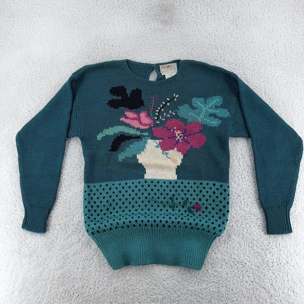 Vintage Enfin by Marcia Sweater Womens XSTeal Floral Vase Knit Pullover 80s